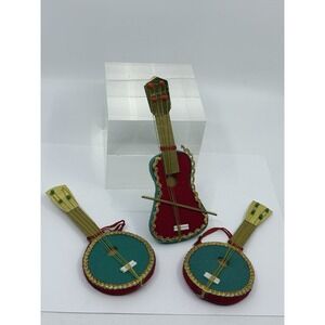 3 Vintage Japan Instruments Banjo Guitar Christmas Ornaments Felt Teal Green Red